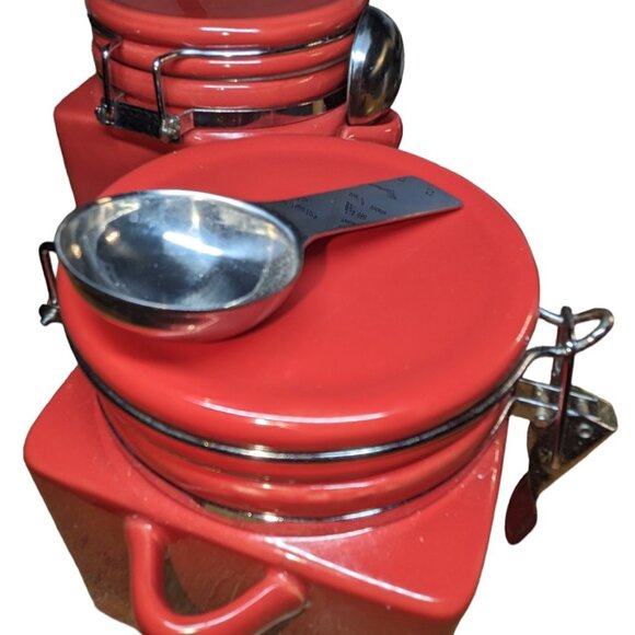 Oggi EZ Grip Red Ceramic Canister Set 2 Pantry Jars Spoons Food Storage Airtight - Picture 6 of 7